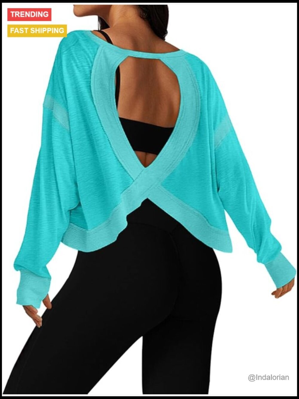 Open Back Workout Top Long Sleeve Cropped Athletic Tee for Women